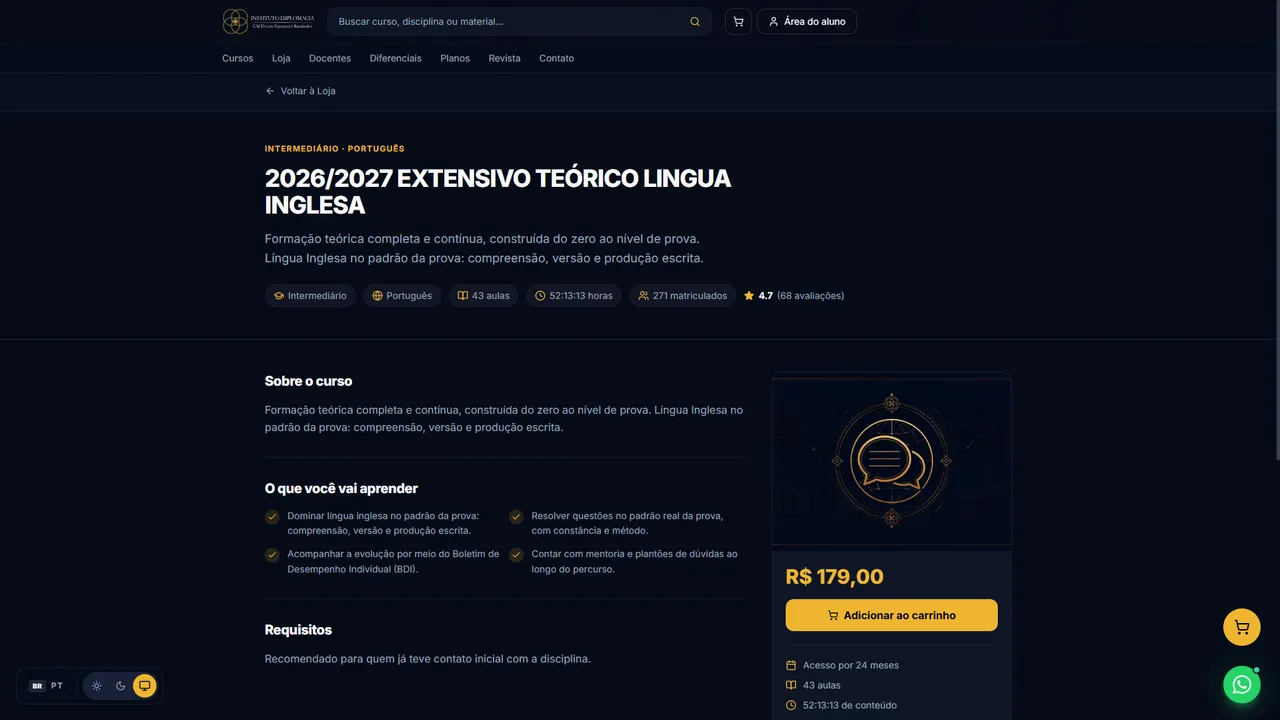 Página de um curso do Instituto Diplomacia